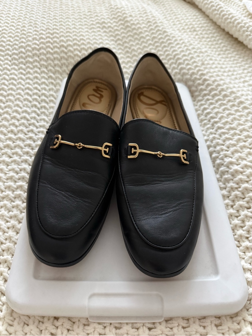 Sam Edelman Black Leather Women's Bit Loafers with Gold Hardware